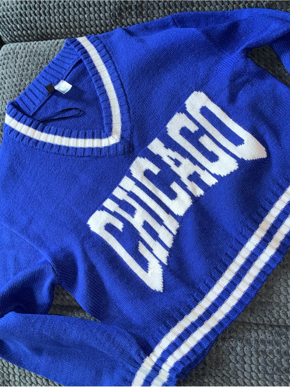Divided Royal Blue V-Neck Sweater with White 'CHICAGO' Lettering